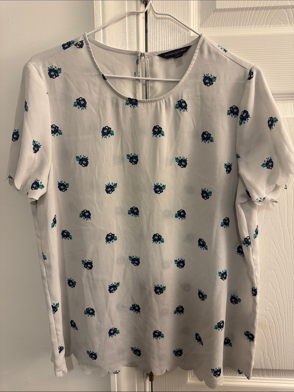 Banana Republic White Blouse with Navy and Green Floral
